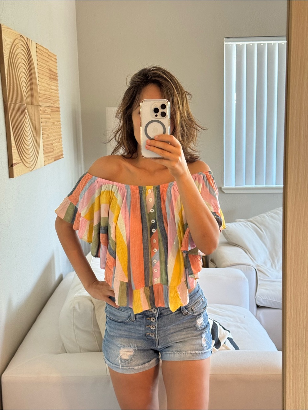 NWOT Multicolor Striped Off-Shoulder Ruffle Crop Top